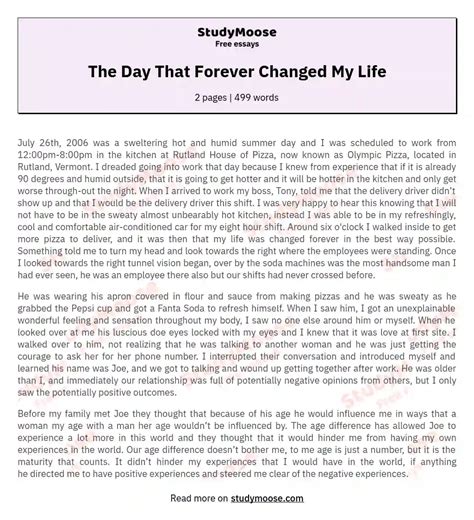 The Day That Forever Changed My Life Free Essay Example