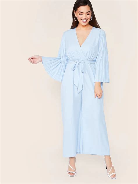 plus surplice neck pleated bell sleeve belted jumpsuit shein belt jumpsuit fitted jumpsuit