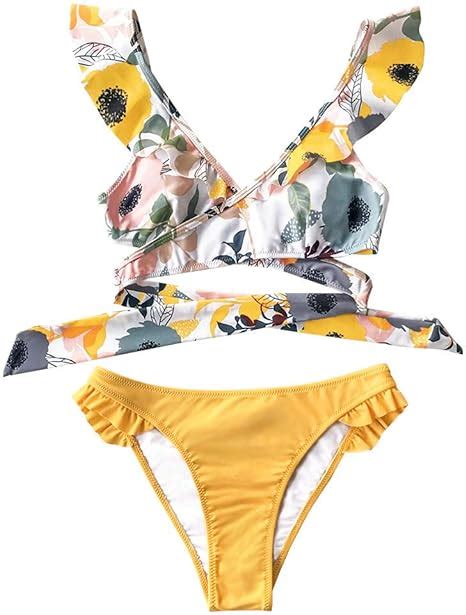 Rüschen Wrap Low Taille Bikini Sets Badeanzug Frauen Sexy Gelb Blumen