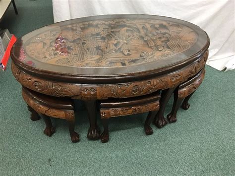 Solid walnut carved coffee table with serving tray ct19. Oriental Hand Carved Oval Coffee Table With 6 Stools ...