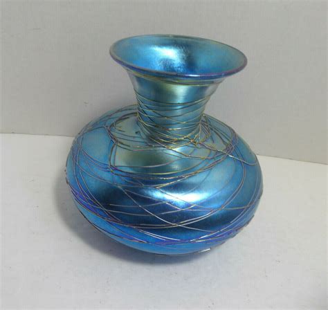 Antique Signed And Numbered Durand Threaded Blue Iridescent Art Glass