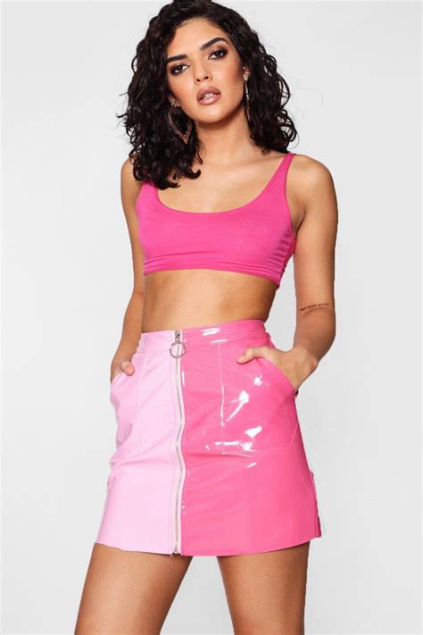 Lyst Boohoo Vinyl Two Tone Zip Woven Mini Skirt In Pink