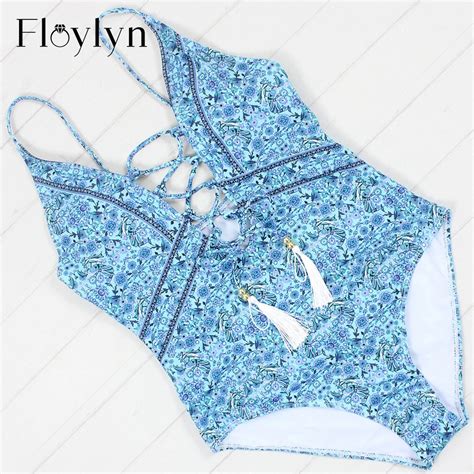 Buy Floylyn 2018 Sexy Deep Plunge Floral Lace Up Fringe Trikini Swim Bathing