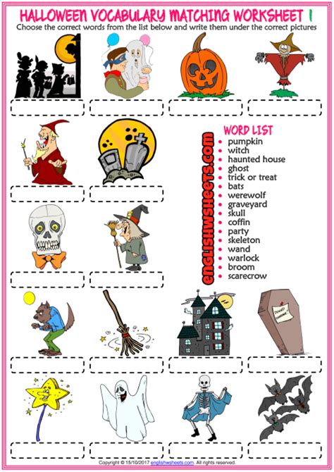Halloween Esl Vocabulary Matching Exercise Worksheets