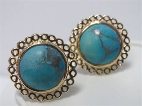14K Yellow Gold Round TURQUOISE Stud Earrings 11 5mm Turquoise With