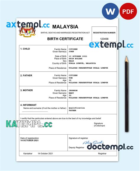 Sample Malaysia Vital Record Birth Certificate Word And Pdf Template