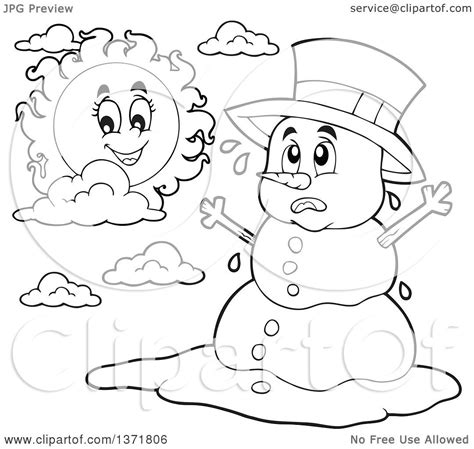 Clipart Of A Black And White Christmas Snowman Melting Under The