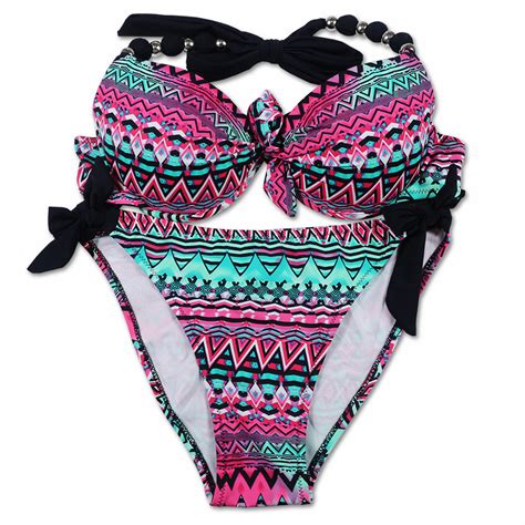 beaded halter push up bikini set top tier style