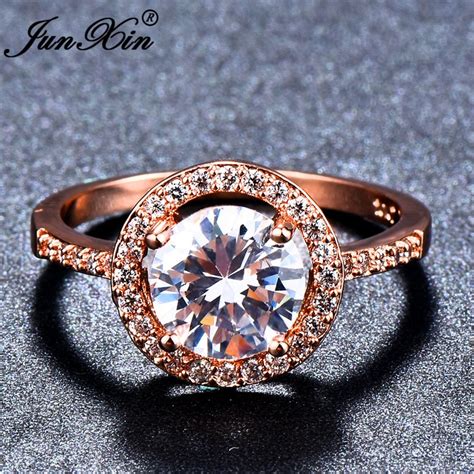 junxin shining round 8mm stone rings for women rose gold filled white aaa zircon april