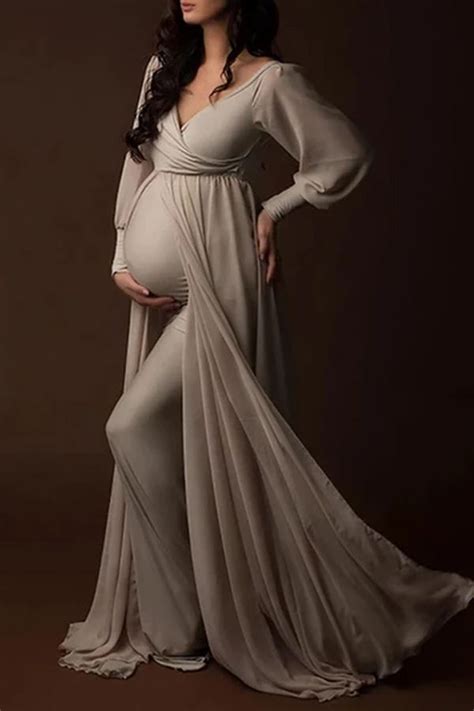 Maternity V Neck Pure Color Long Sleeve Mesh Dress Maternity Dresses