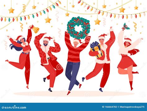 Young Jumping And Dancing People Dressed In Santa Claus Costumes And