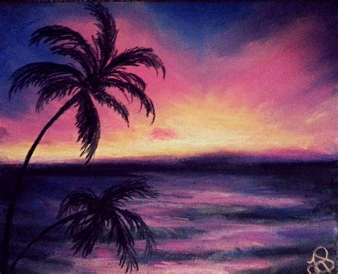 Sunset Painting Palm Tree Beach Art Sunset Drawing By