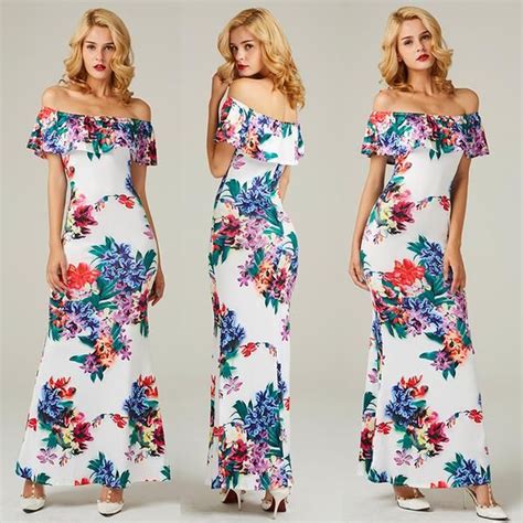 Fashion Floral Print Off Shoulder Ruffle Maxi Dress Casual Long Dress Fashion Maxi Dress