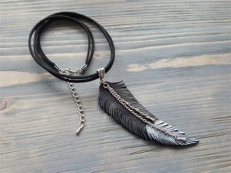 Leather Feather Necklace Black Choker Leather Choker Boho Etsy
