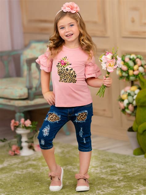 Girls Bunny Beauties Ruffle Sleeve Top And Patched Denim Capris Set