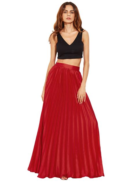 shop crimson zipper side pleated flare maxi skirt online shein offers crimson zipper side