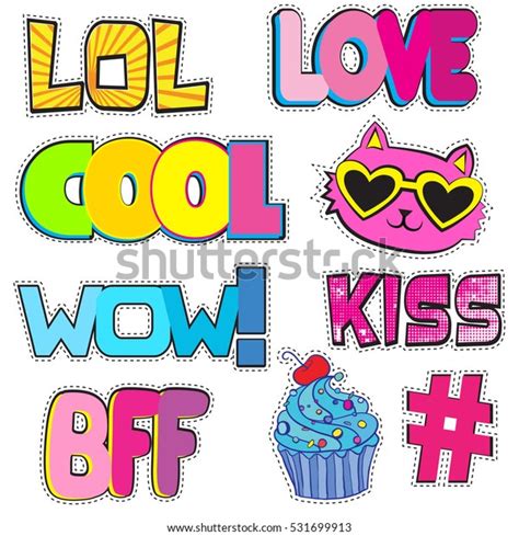 set cute stickers hashtags elements wow stock vector royalty free 531699913