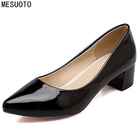 mesuoto low square heels womens pumps patent leather pointed toe slip on spring air dress shoes