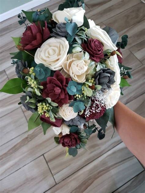 Burgundy And Grey Wedding Bouquet Cascade Bouquet Sola Wood Flowers