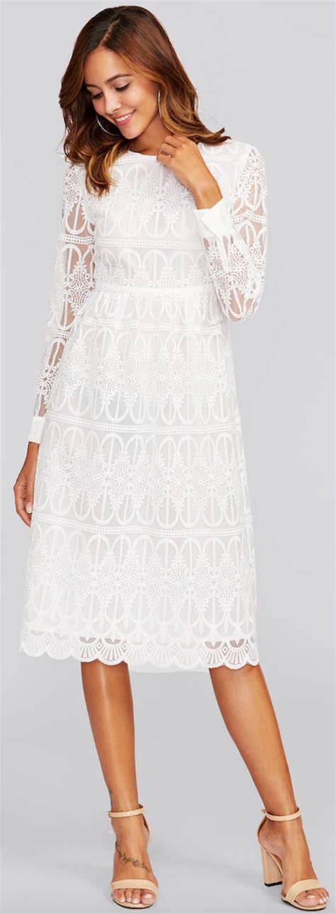 Bridal Shower Dress For The Bride White Scallop Hem Embroidered Mesh