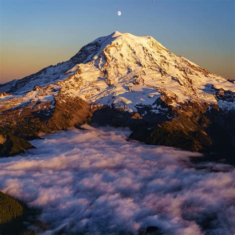 Moonrise Over The Always Impressive Mount Rainier Taken From A Cessna