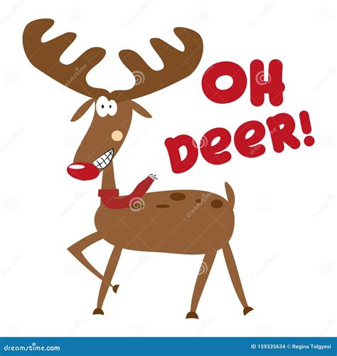 Oh Deer Funny Christmas Text With Cute Red Nosed Reindeer Stock