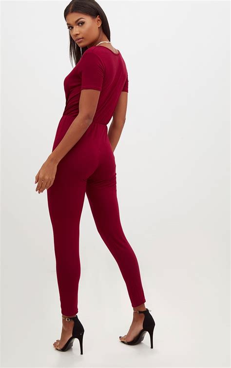 Burgundy Jersey Wrap Jumpsuit Prettylittlething Usa