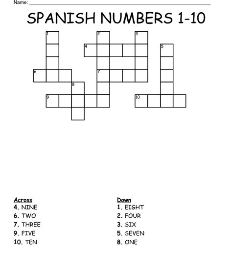 Spanish Numbers 1 10 Crossword Wordmint