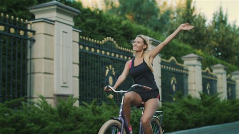 Happy Woman Cycling Bicycle In City Park Fit Stock Footage Sbv