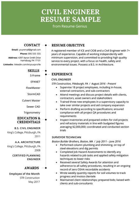 A format for civil engineering freshers better than 9 out of 10 other cv. Free Civil Engineering Resume Template with Simple and ...