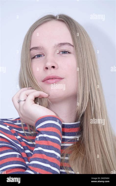 Portrait Of A Model Blue Eyed Blonde Girl Without Makeup Stock Photo