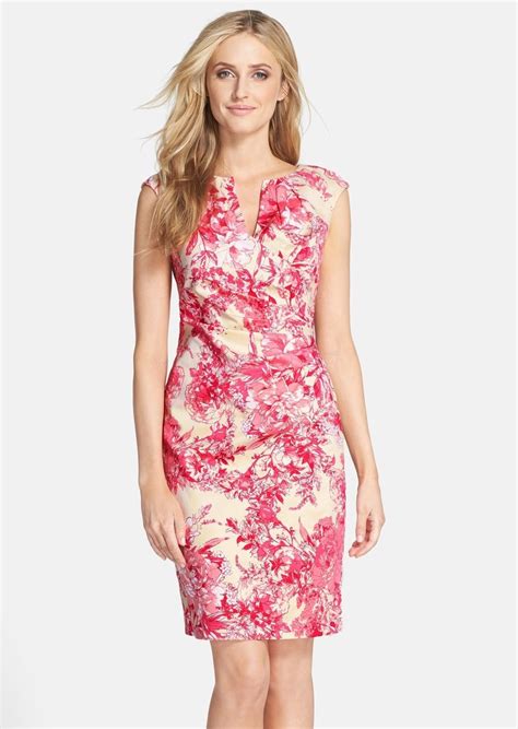 Adrianna Papell Adrianna Papell Floral Print Cotton Side Pleated Sheath