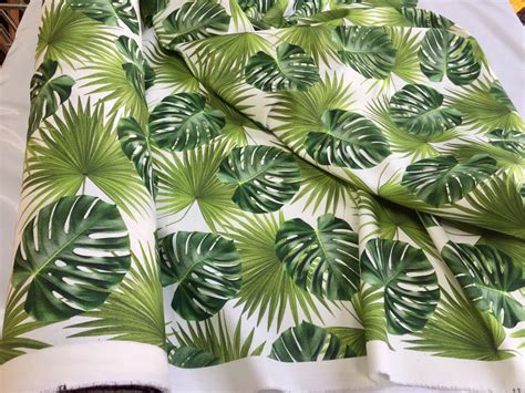 Green Palm Leaves Cotton Fabric For Curtain Upholstery Digital