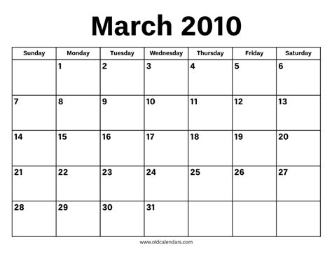 March 2010 Calendar Printable Old Calendars