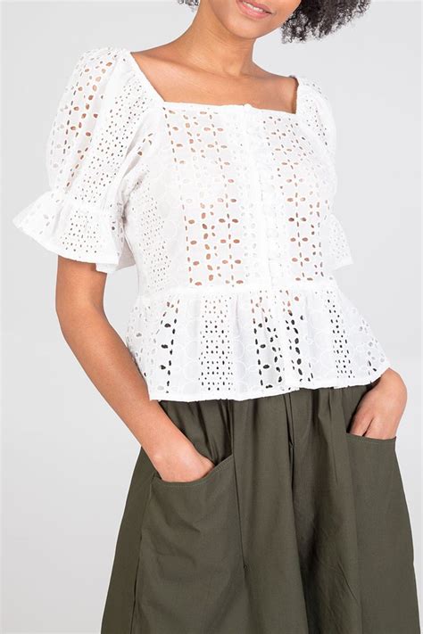 White Cotton Broderie Anglaise Square Neck Blouse