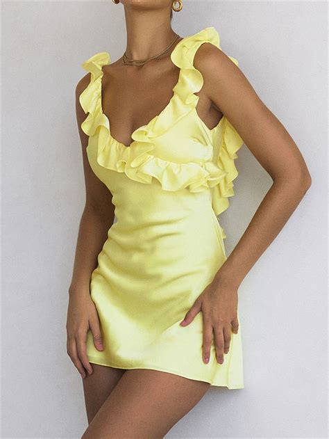 Satin Sleeveless Ruffle Vacays Mini Dress Cute Formal Dresses Unique Fashion Outfits Yellow