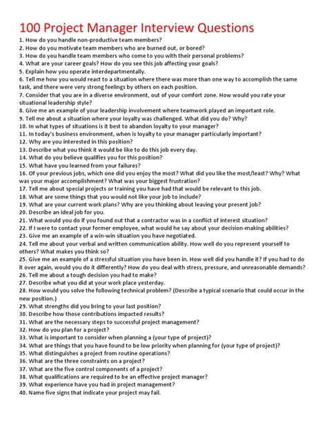 100 Project Manager Interview Questions Pdf Invoice Leadership