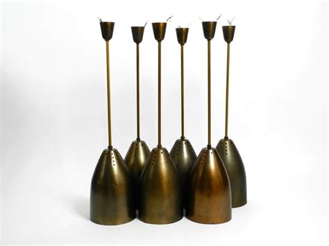 Six Original Height Adjustable Mid Century Brass Church Pendant Lamps