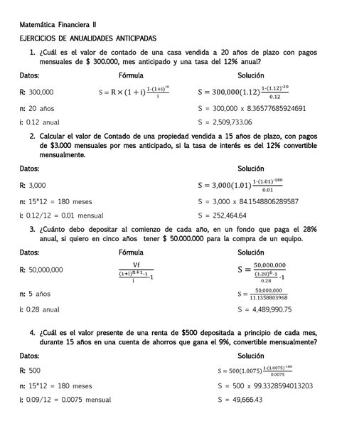 Ejercicios Anualidades Anticipadas Matemtica Financiera II