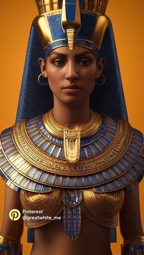 An Egyptian Woman With Gold And Blue Hair Wearing A Headpiece In Front Of A Yellow Background