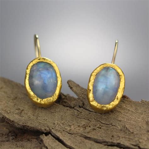 Genuine Moonstone Dangles Earrings Bezel Set In 22k Gold Etsy Gem