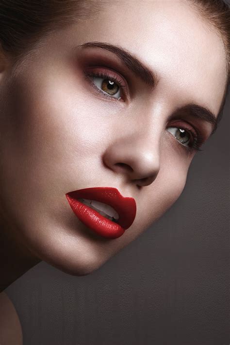 Womens Red Lips Woman Glamour Retouching Portrait Girl Toning Beautiful Woman Make Up
