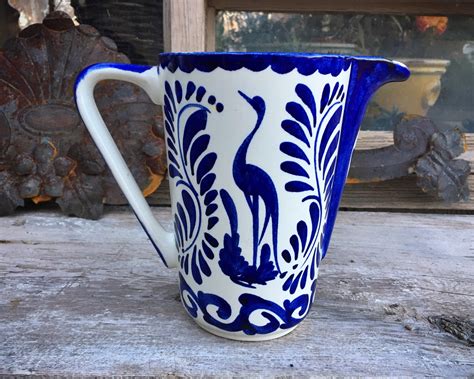 Vintage Mexican Anfora Puebla Blue Water Pitcher Blue And White