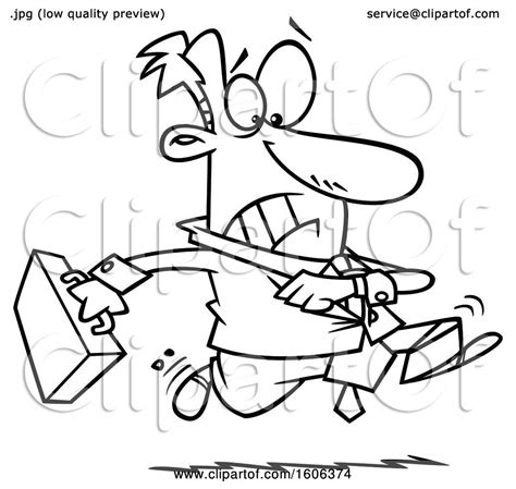 Clipart Of A Cartoon Black And White Extremely Late Business Man