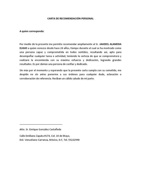 Carta De RecomendaciÓn Personal Jahzeeldocx