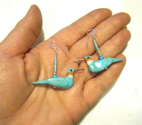 2 Sterling Silver Carved Turquoise Hummingbirds Dangle Drop Earrings