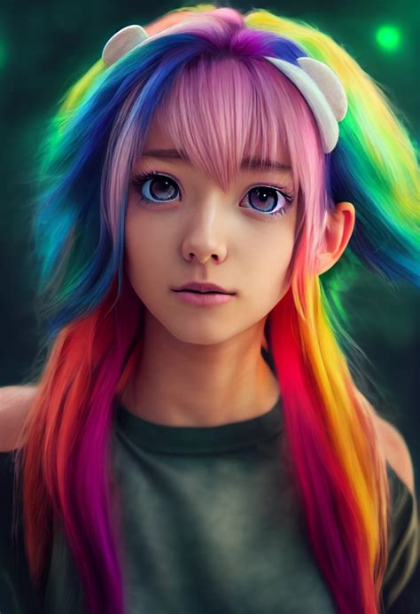 Cute Anime Girl Cosplay Rainbow Hair Midjourney Openart