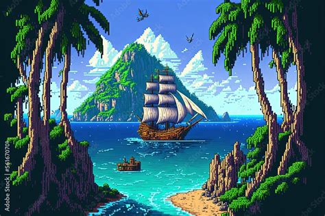 Pixel Art Pirate Ship Sailing Near The Island Background In Retro