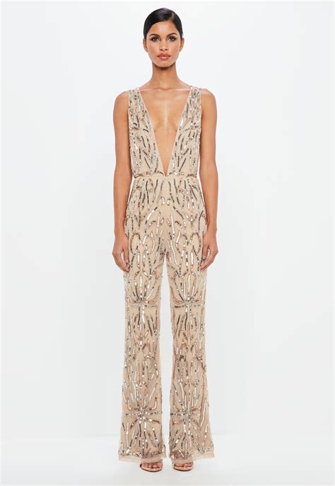 Missguided Premium Nude Crystal Embellished Jumpsuit In Natural Lyst Uk