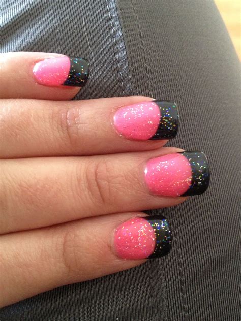 Hot Pink Nails With Black Tips And Iridescent Sparkles Minus The